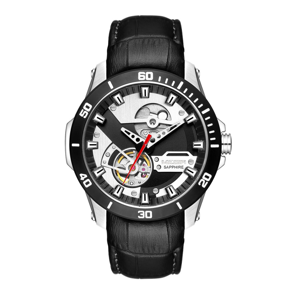 MEGIR 62069 men's automatic watch, silver case, black skeleton dial and black leather strap, front view