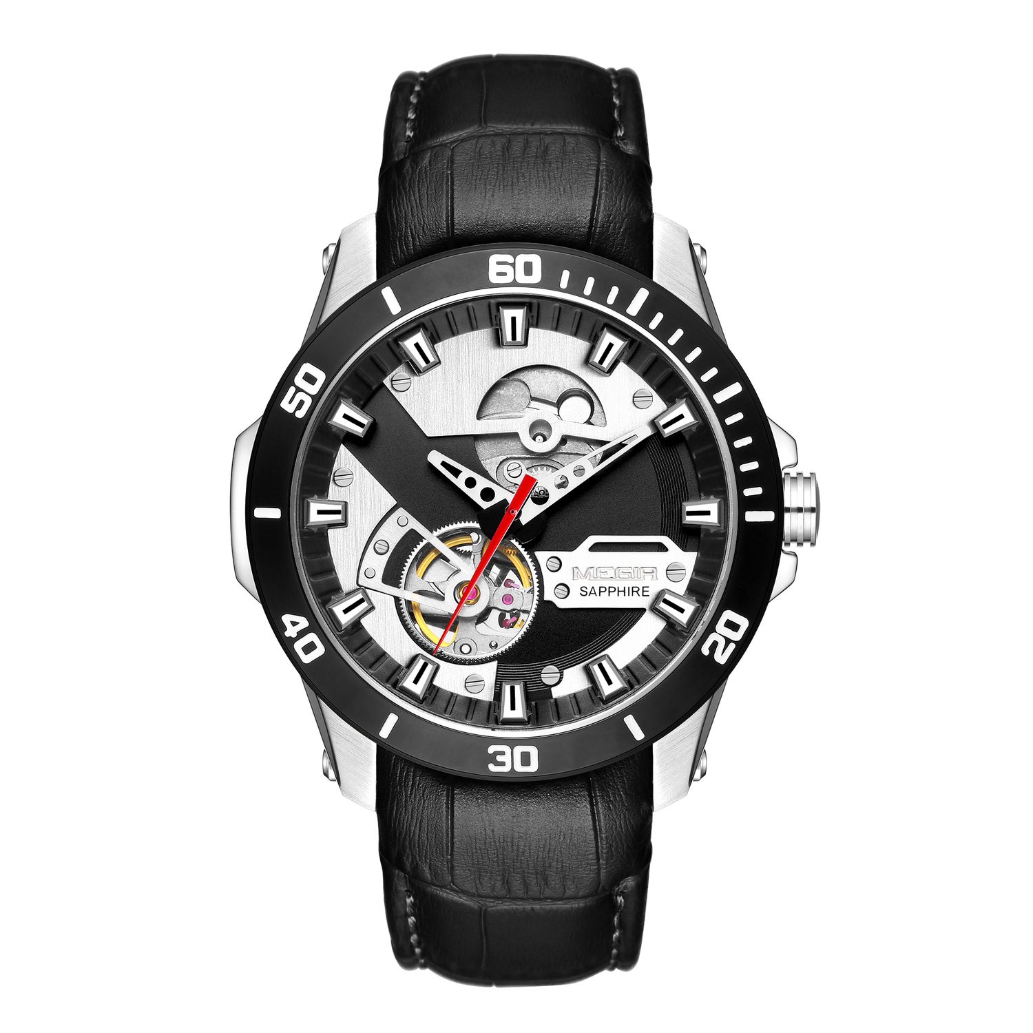 MEGIR 62069 men's automatic watch, silver case, black skeleton dial and black leather strap, front view