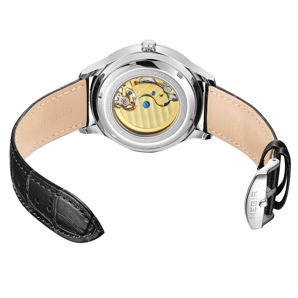 MEGIR 62070 men's automatic watch exhibition caseback showing the movement, with black leather strap and buckle