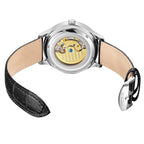 MEGIR 62070 men's automatic watch exhibition caseback showing the movement, with black leather strap and buckle