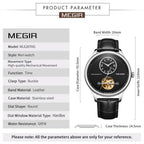 MEGIR 62070 men's automatic watch parameters graphic with case diameter, thickness and band dimensions
