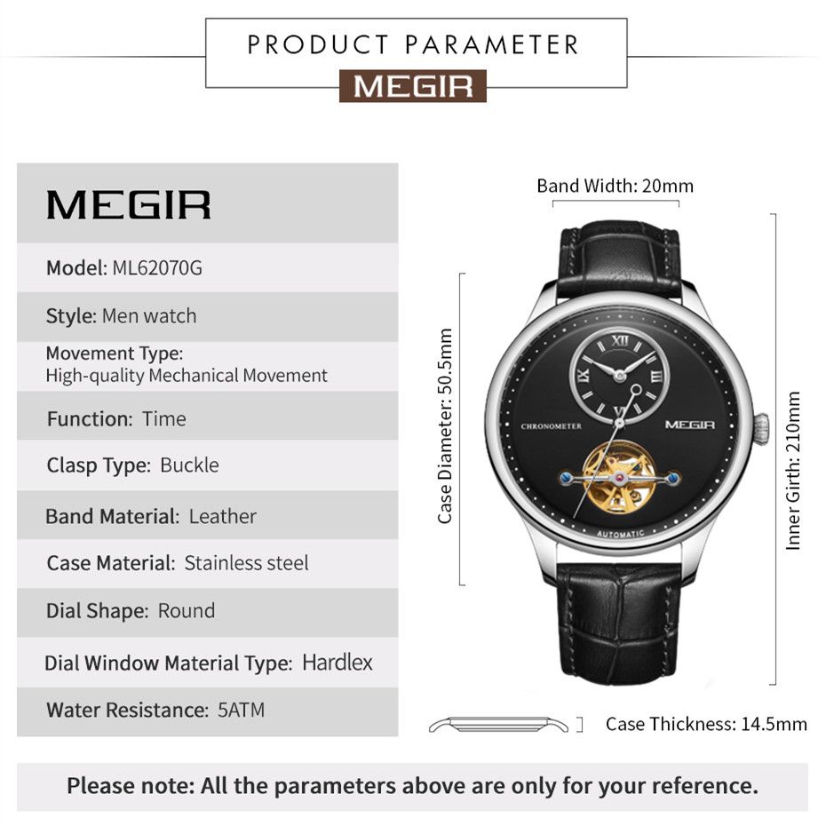 MEGIR 62070 men's automatic watch parameters graphic with case diameter, thickness and band dimensions