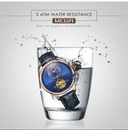 MEGIR 62070 men's automatic watch water-resistance feature graphic, rose-gold case with blue open-heart dial