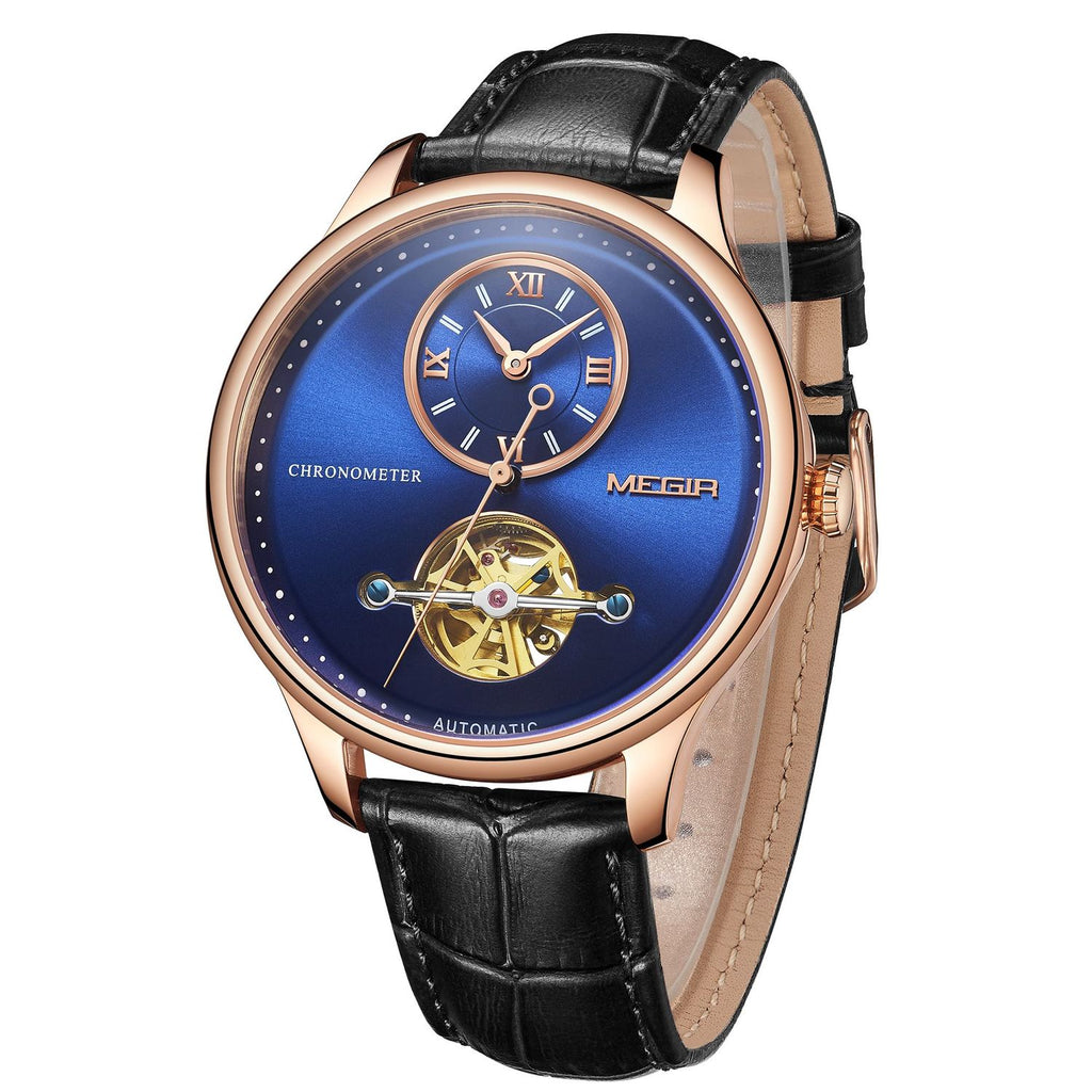 MEGIR 62070 men's automatic watch, rose-gold case, blue open-heart dial and black leather strap, three-quarter view