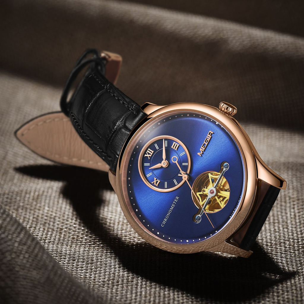 MEGIR 62070 men's automatic watch, rose-gold case, blue open-heart dial and black leather strap, angled view