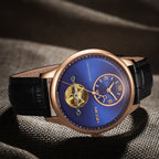 MEGIR 62070 men's automatic watch, rose-gold case, blue open-heart dial and black leather strap, side studio view