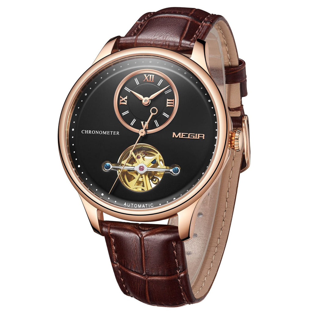 MEGIR 62070 men's automatic watch, rose-gold case, black open-heart dial and brown leather strap, angled view