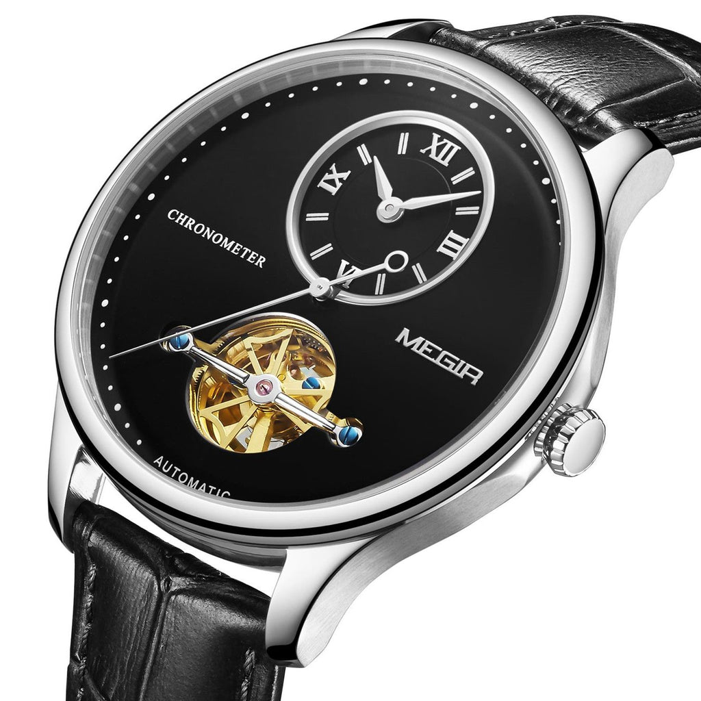 MEGIR 62070 men's automatic watch, silver case, black open-heart dial and black leather strap, angled view