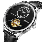 MEGIR 62070 men's automatic watch, silver case, black open-heart dial and black leather strap, angled view