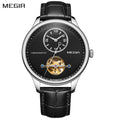 MEGIR 62070 men's automatic watch, silver case, black open-heart dial and black leather strap, front view