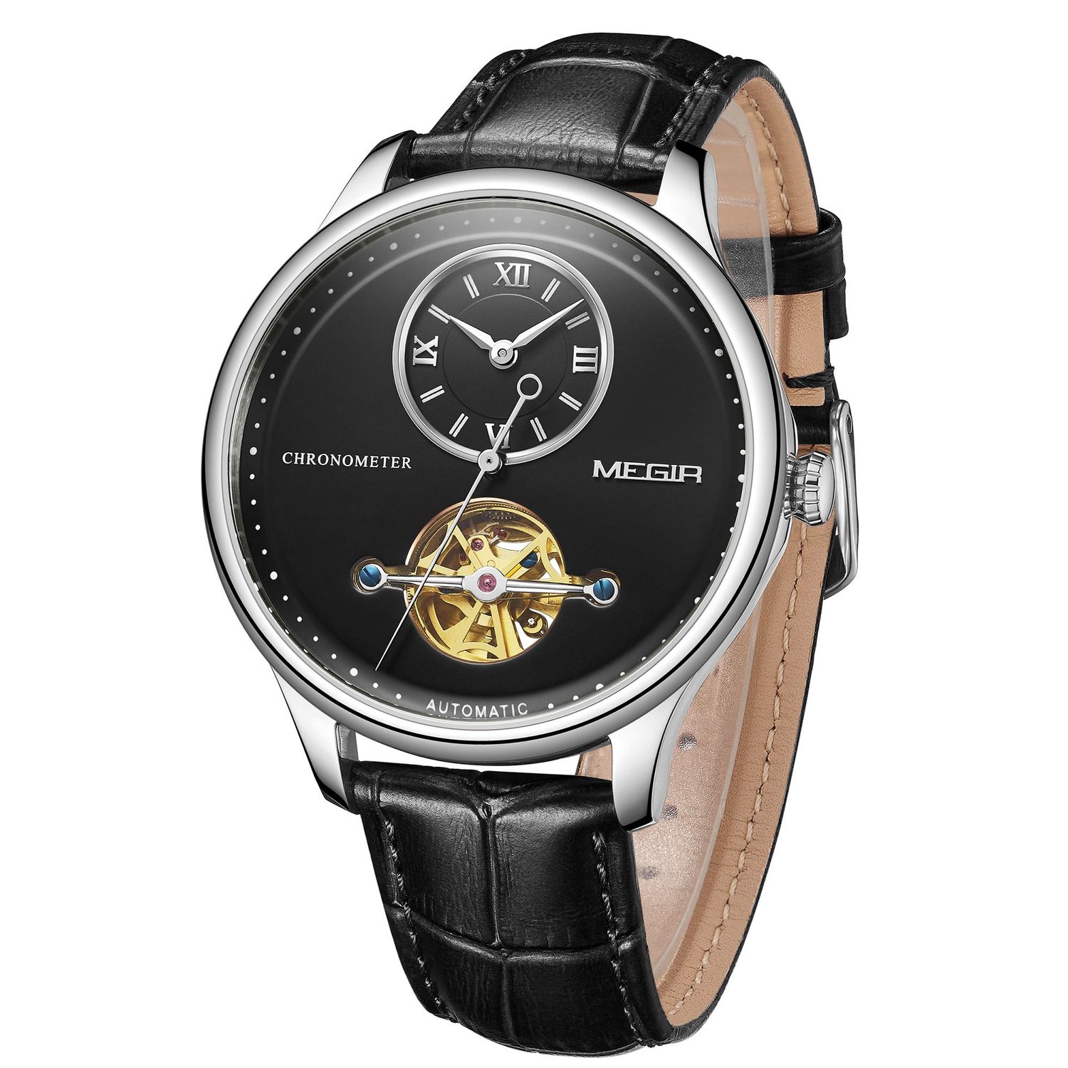 MEGIR 62070 men's automatic watch, silver case, black open-heart dial and black leather strap, three-quarter view