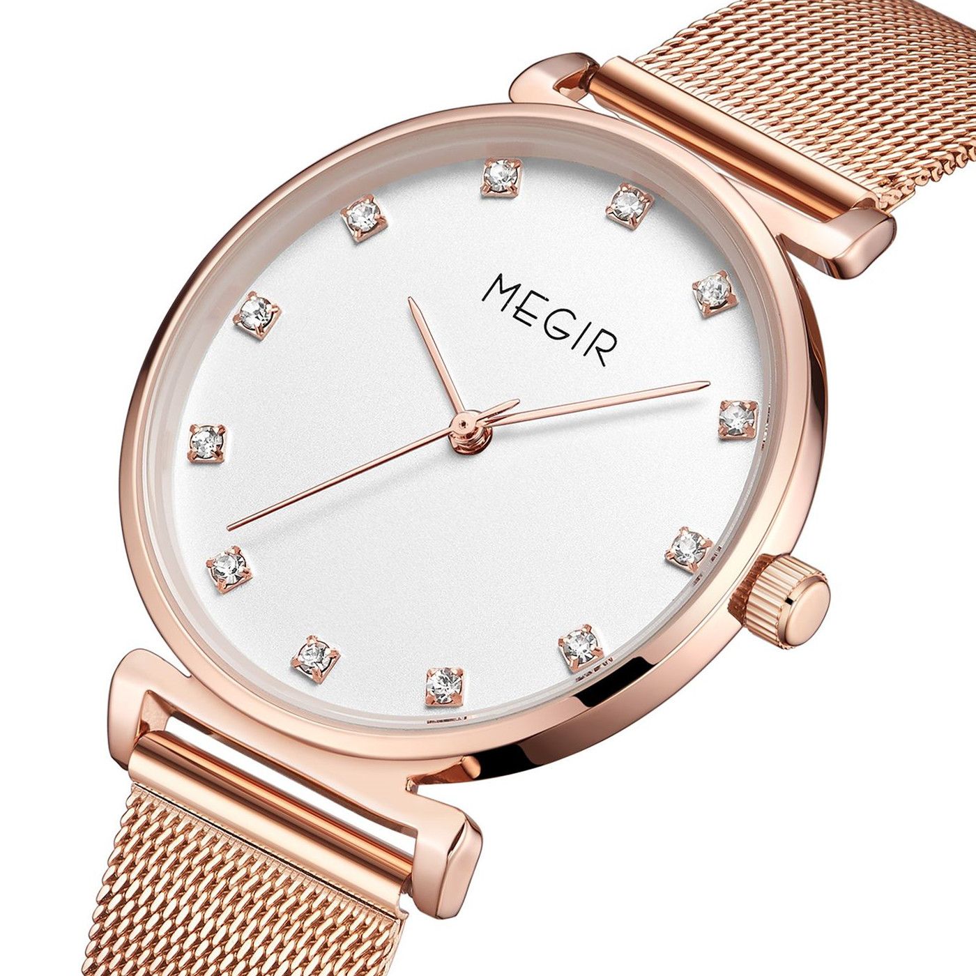 MEGIR 7001 women's quartz watch, rose-gold mesh bracelet and white crystal-marker dial, three-quarter angled view