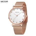 MEGIR 7001 women's quartz watch, rose-gold mesh bracelet and white dial with crystal hour markers, angled view