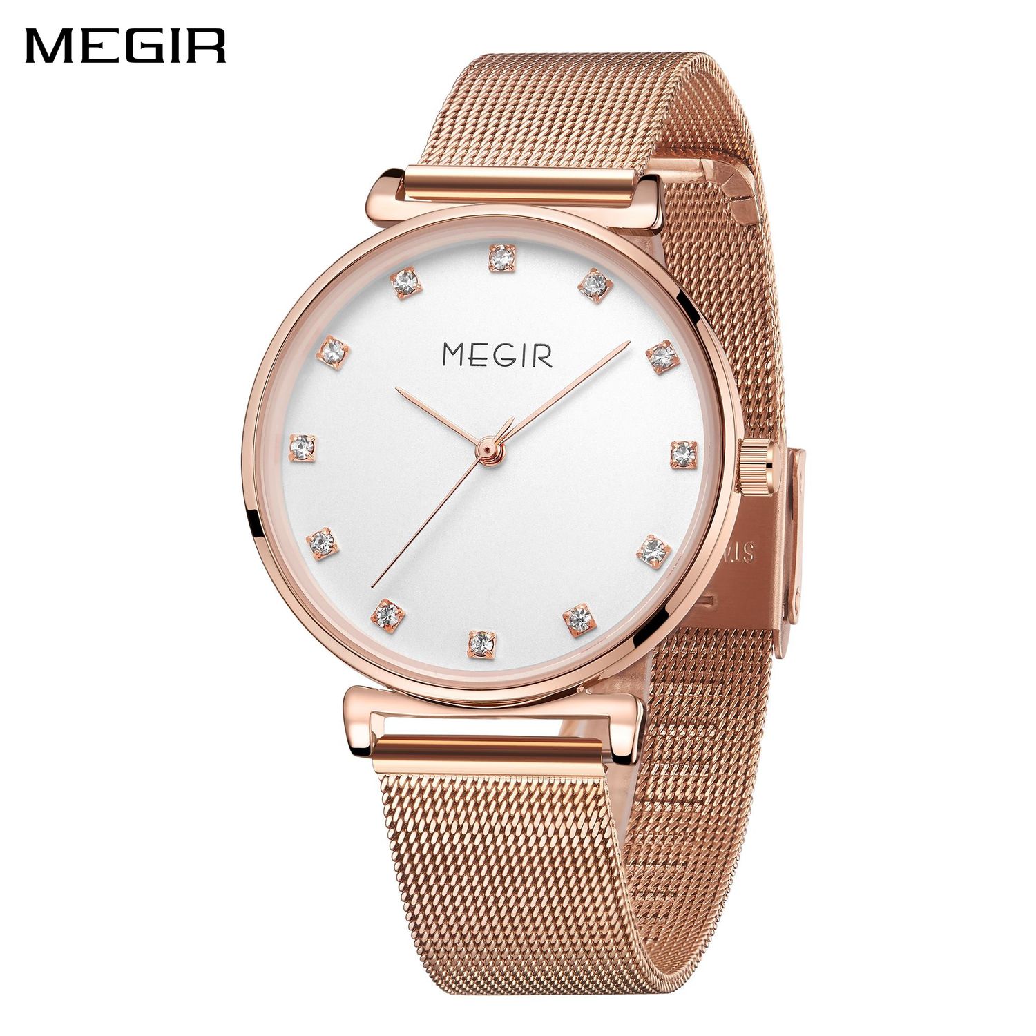 MEGIR 7001 women's quartz watch, rose-gold mesh bracelet and white dial with crystal hour markers, angled view