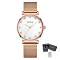 MEGIR 7001 women's quartz watch, rose-gold mesh bracelet and white dial with crystal hour markers, with gift box