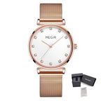 MEGIR 7001 women's quartz watch, rose-gold mesh bracelet and white dial with crystal hour markers, with gift box