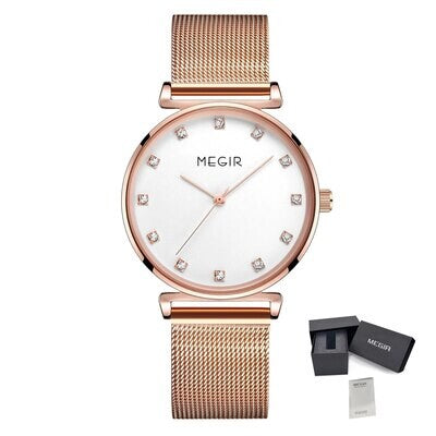 MEGIR 7001 women's quartz watch, rose-gold mesh bracelet and white dial with crystal hour markers, with gift box