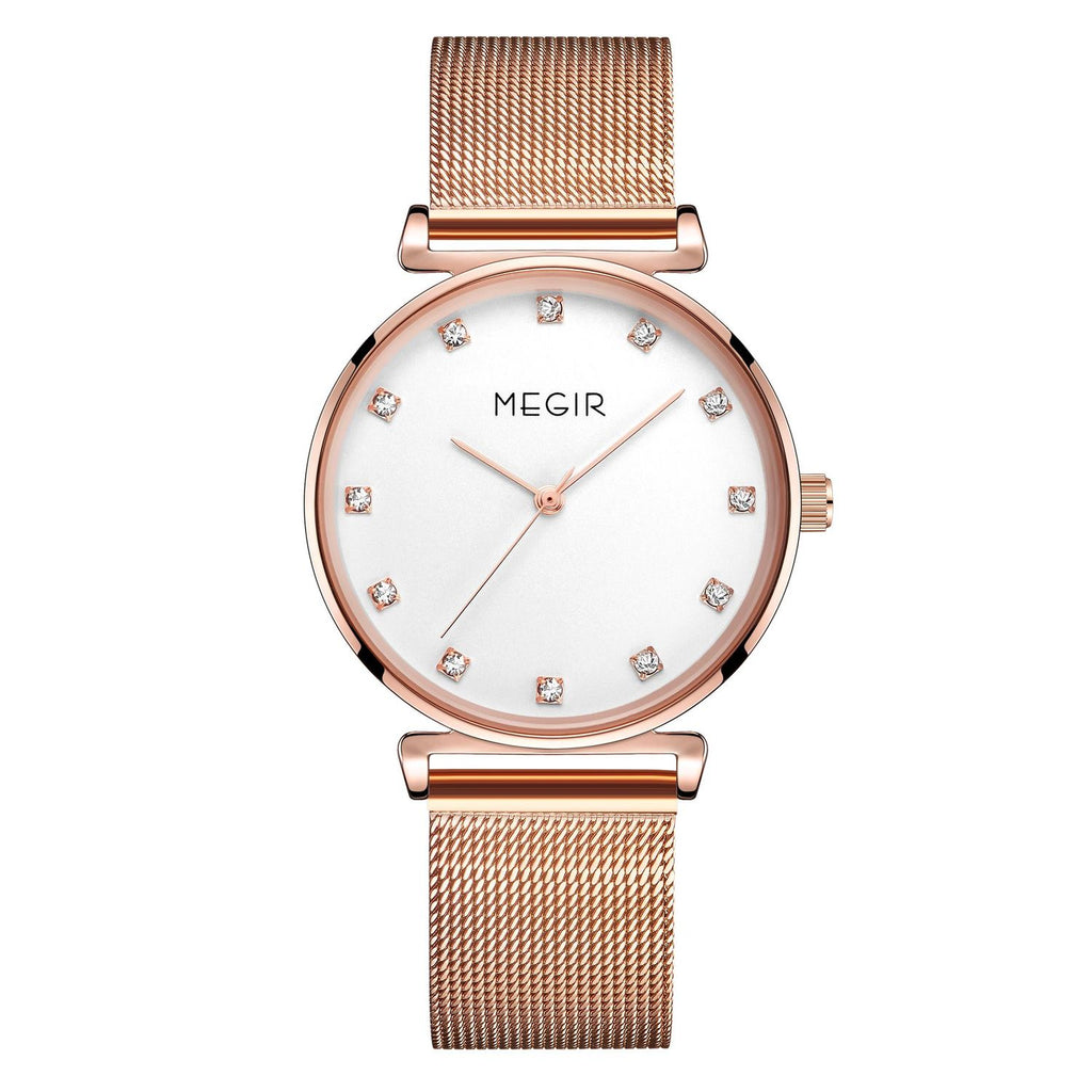 MEGIR 7001 women's quartz watch, rose-gold mesh bracelet and white dial with crystal hour markers, front view