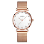 MEGIR 7001 women's quartz watch, rose-gold mesh bracelet and white dial with crystal hour markers, front view