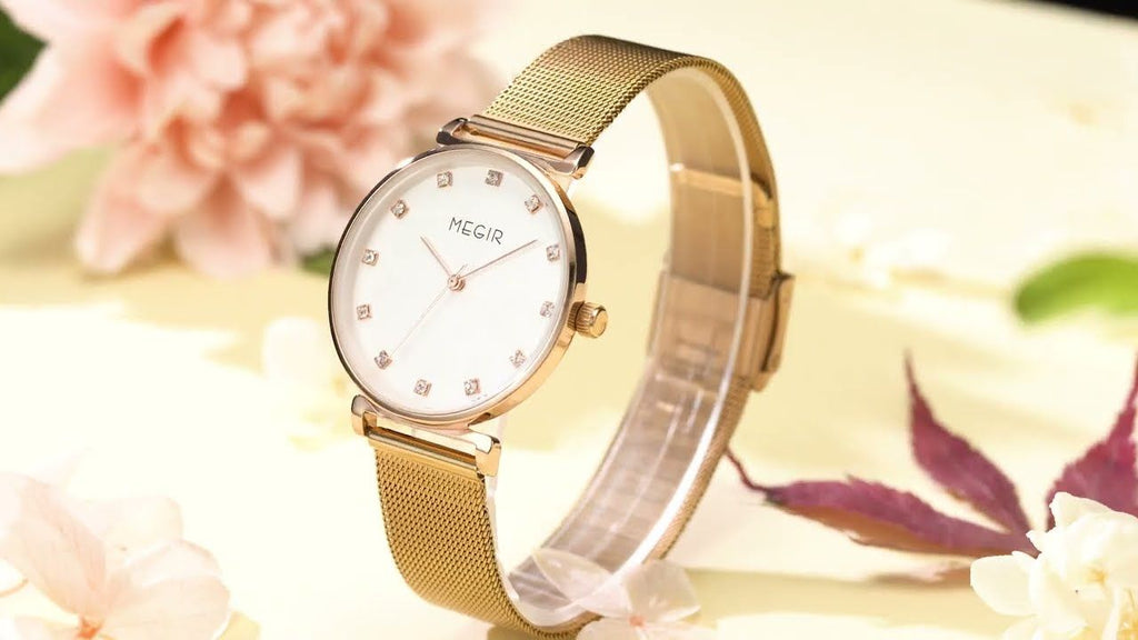 MEGIR 7001 women's quartz watch, rose-gold mesh bracelet and white crystal-marker dial, styled with flowers