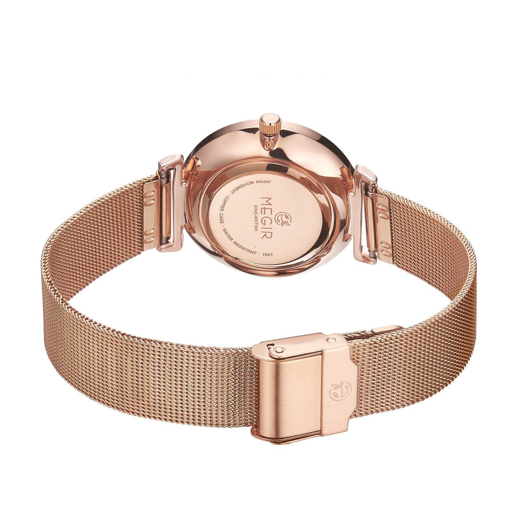 MEGIR 7001 women's quartz watch caseback with engraved branding and rose-gold mesh bracelet clasp