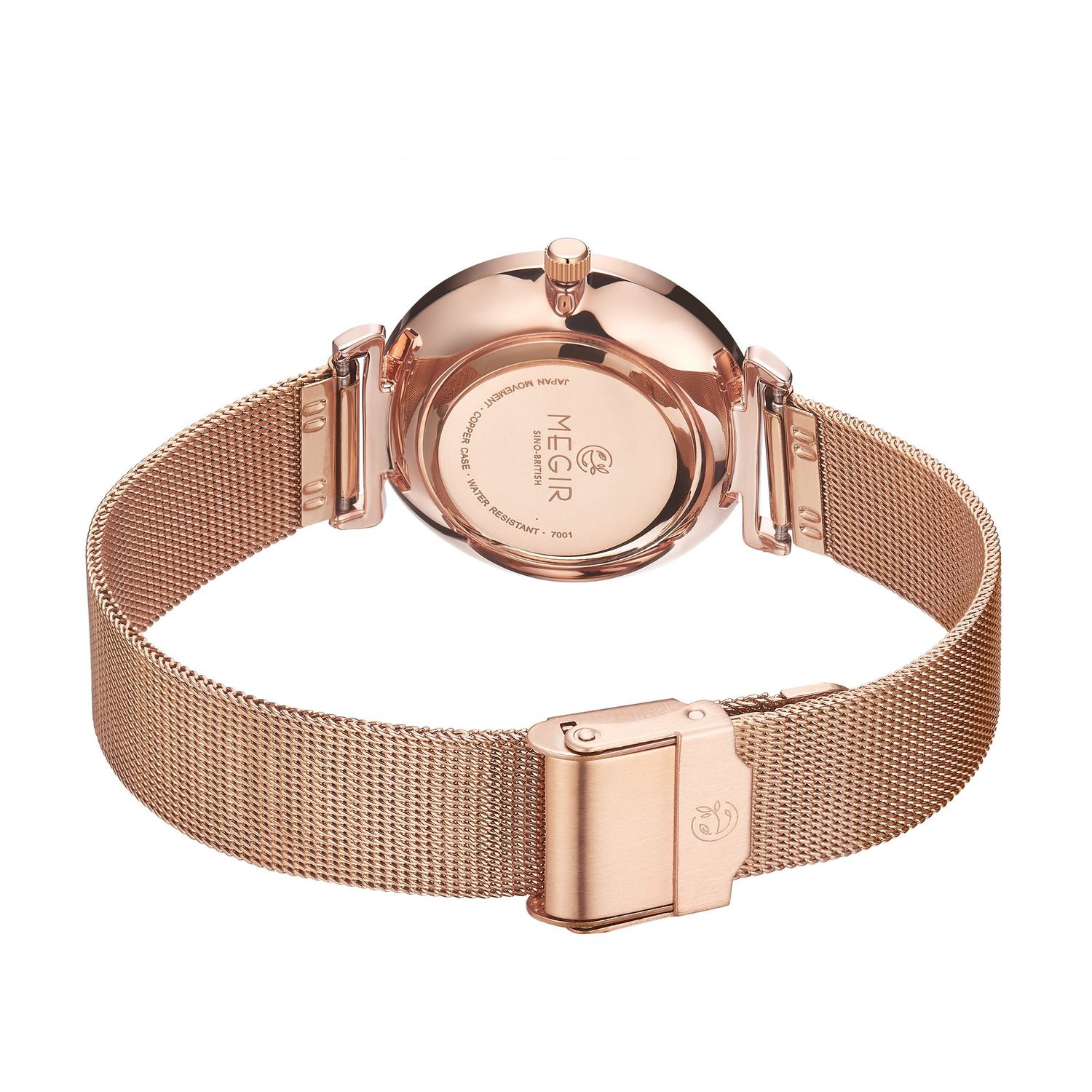MEGIR 7001 women's quartz watch caseback with engraved branding and rose-gold mesh bracelet clasp