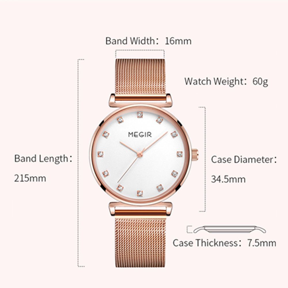 MEGIR 7001 women's quartz watch parameters graphic with case diameter, thickness and band dimensions, rose-gold
