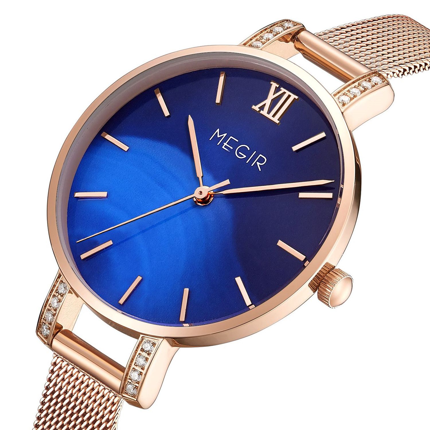 MEGIR 7002 women's quartz watch, rose-gold mesh bracelet and blue dial with crystal-set lugs, angled view