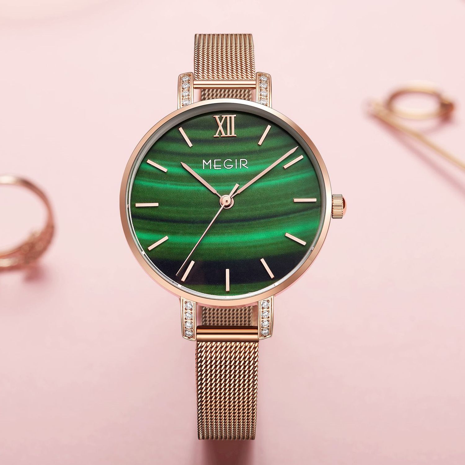 MEGIR 7002 women's quartz watch, rose-gold mesh bracelet and green marbled dial with crystal-set lugs, front view