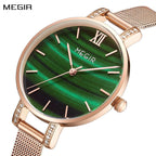 MEGIR 7002 women's quartz watch, rose-gold mesh bracelet and green marbled dial with Roman numerals, front view