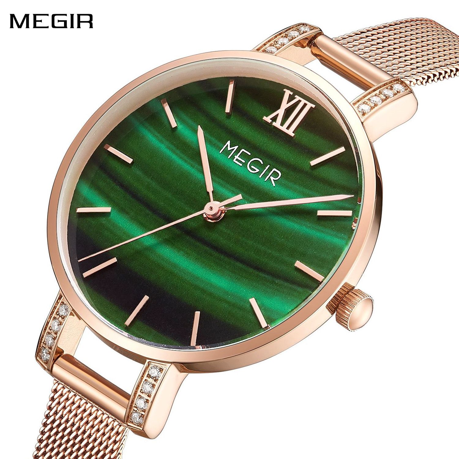 MEGIR 7002 women's quartz watch, rose-gold mesh bracelet and green marbled dial with Roman numerals, front view