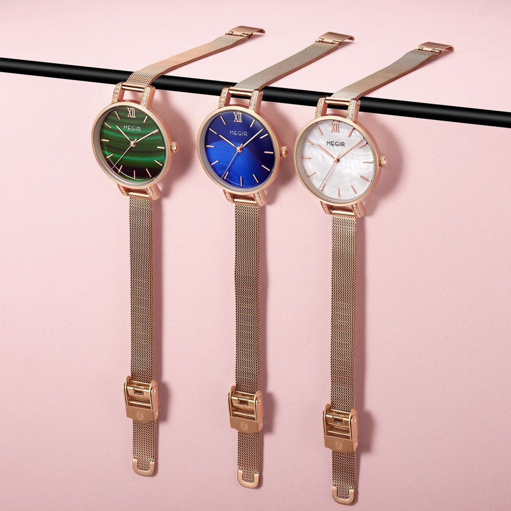 MEGIR 7002 women's quartz watch in three dial colors, green, blue and white, all with rose-gold mesh bracelets