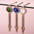 MEGIR 7002 women's quartz watch in three dial colors, green, blue and white, all with rose-gold mesh bracelets