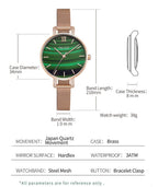 MEGIR 7002 women's quartz watch parameters graphic with case size, thickness and band dimensions, green model