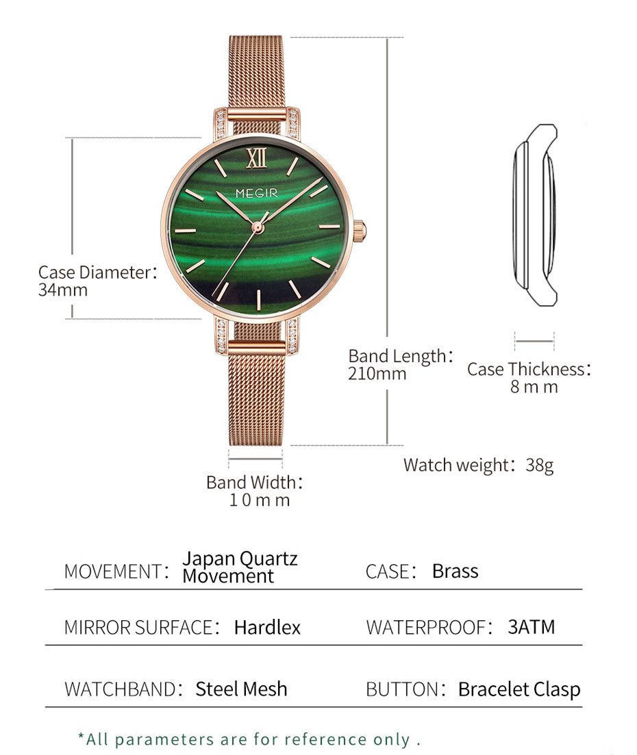MEGIR 7002 women's quartz watch parameters graphic with case size, thickness and band dimensions, green model