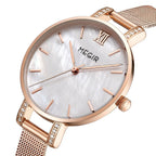 MEGIR 7002 women's quartz watch, rose-gold mesh bracelet and white mother-of-pearl dial, angled view