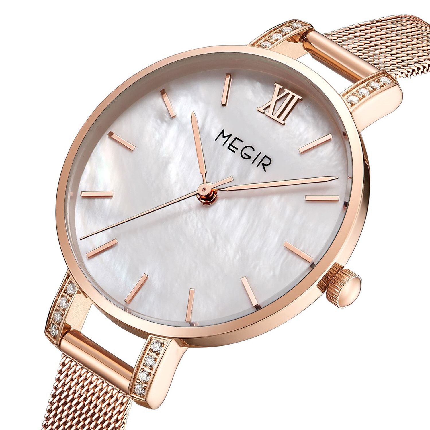 MEGIR 7002 women's quartz watch, rose-gold mesh bracelet and white mother-of-pearl dial, angled view