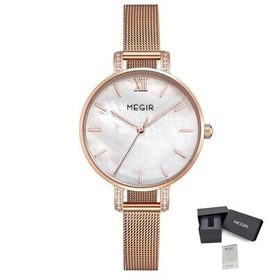 MEGIR 7002 women's quartz watch, rose-gold mesh bracelet and white mother-of-pearl dial, with gift box