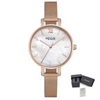 MEGIR 7002 women's quartz watch, rose-gold mesh bracelet and white mother-of-pearl dial, with gift box