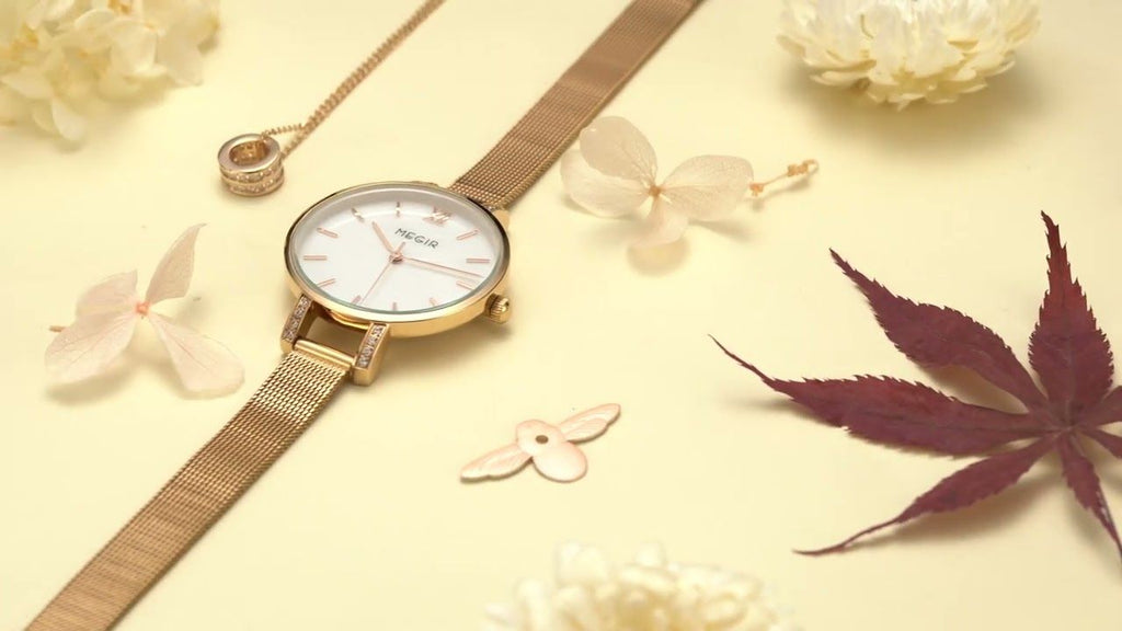 MEGIR 7002 women's quartz watch, rose-gold mesh bracelet and white mother-of-pearl dial, styled with flowers