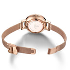 MEGIR 7009 women's quartz watch caseback with engraved branding and rose-gold mesh bracelet