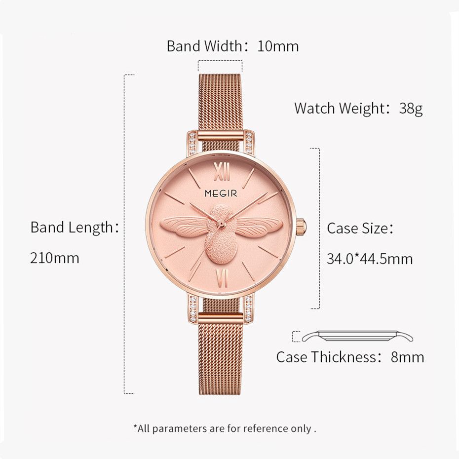 MEGIR 7009 women's quartz watch size graphic with case, band width and length dimensions, pink dial model