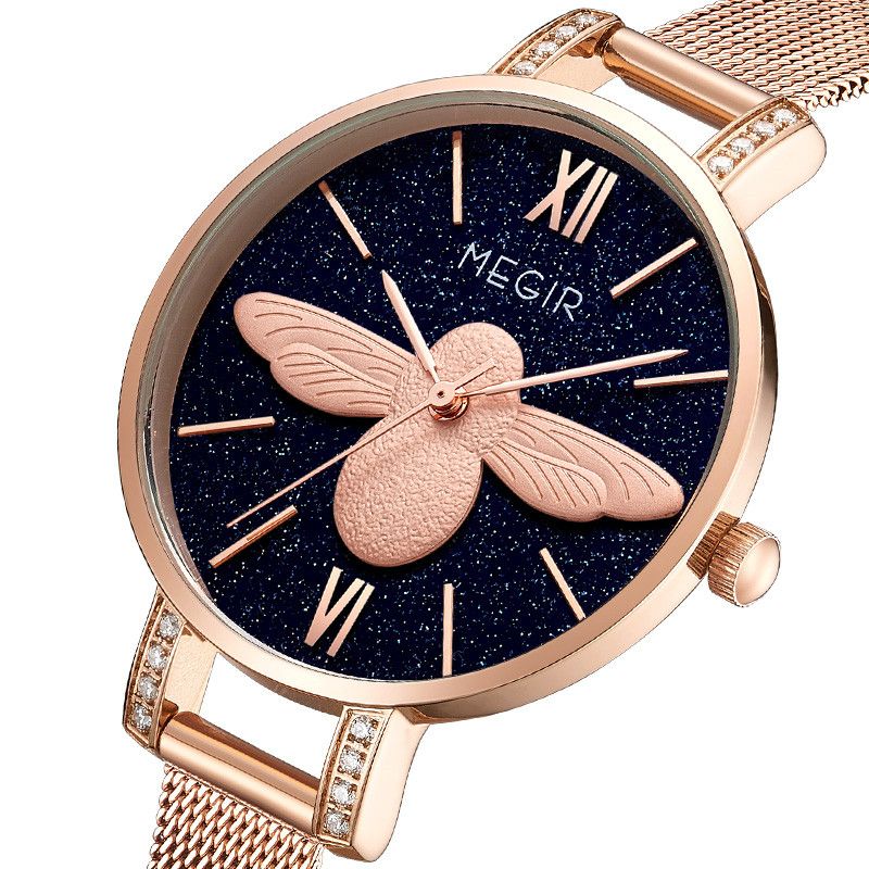 MEGIR 7009 women's quartz watch, rose-gold mesh bracelet and dark-blue starry bee dial, angled view