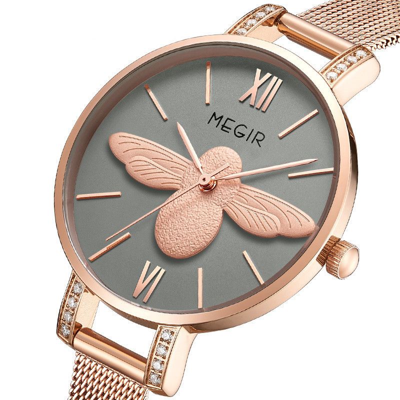 MEGIR 7009 women's quartz watch, rose-gold mesh bracelet and grey bee dial with crystal-set lugs, angled view