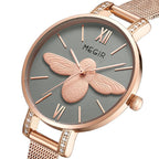 MEGIR 7009 women's quartz watch, rose-gold mesh bracelet and grey bee dial with crystal-set lugs, angled view