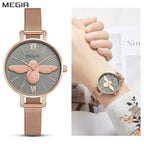 MEGIR 7009 women's quartz watch, rose-gold mesh bracelet and grey bee dial, front and wrist view