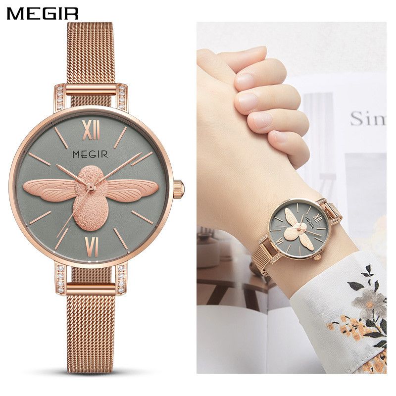 MEGIR 7009 women's quartz watch, rose-gold mesh bracelet and grey bee dial, front and wrist view