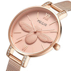 MEGIR 7009 women's quartz watch, rose-gold mesh bracelet and pink bee dial with crystal-set lugs, angled view