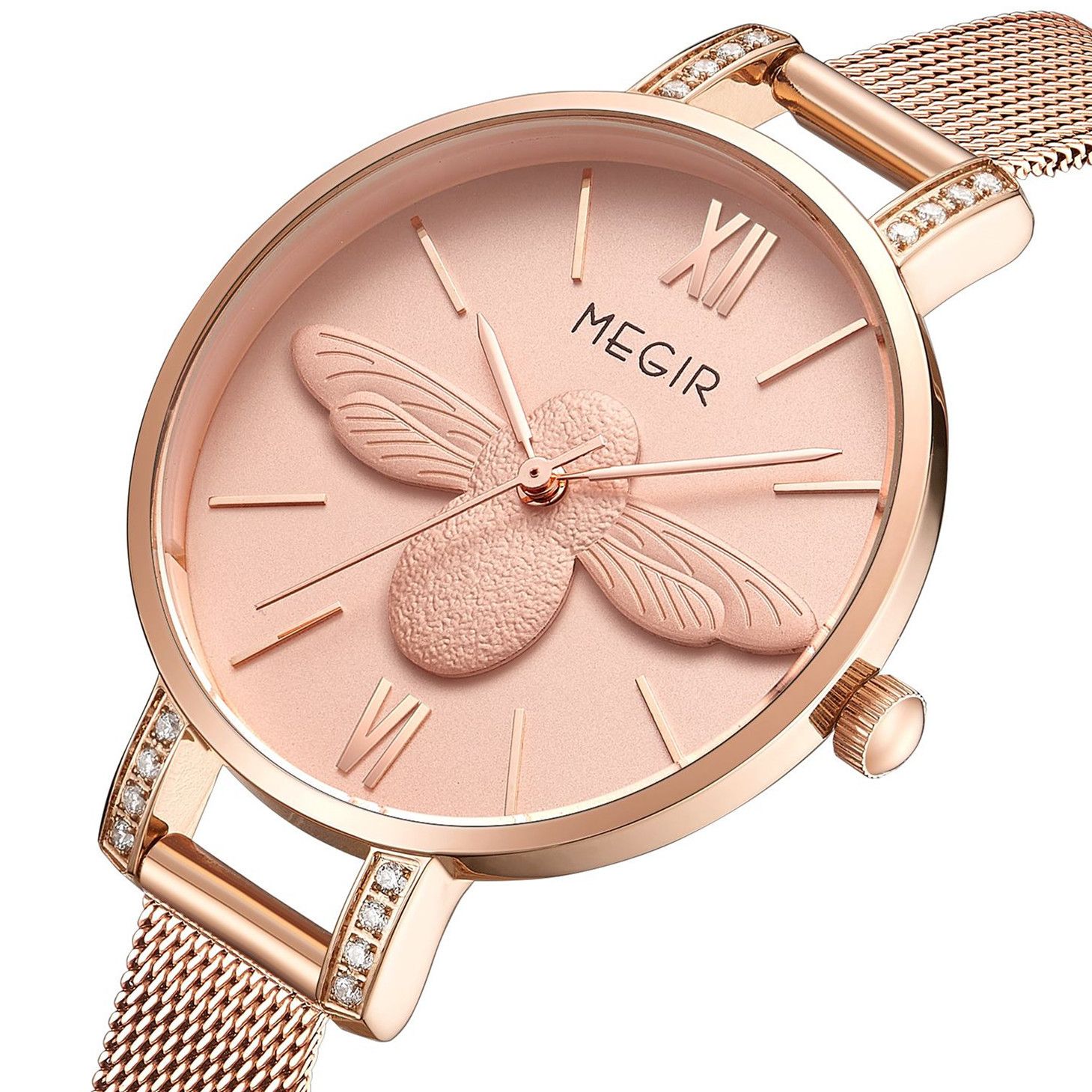 MEGIR 7009 women's quartz watch, rose-gold mesh bracelet and pink bee dial with crystal-set lugs, angled view