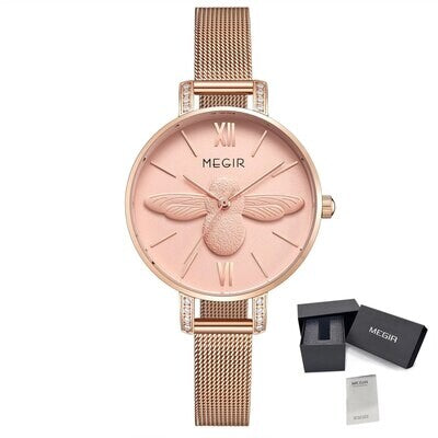 MEGIR 7009 women's quartz watch, rose-gold mesh bracelet and pink bee dial, with gift box